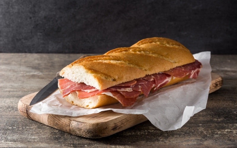 Typical Spanish merienda of bocadillo de jamón