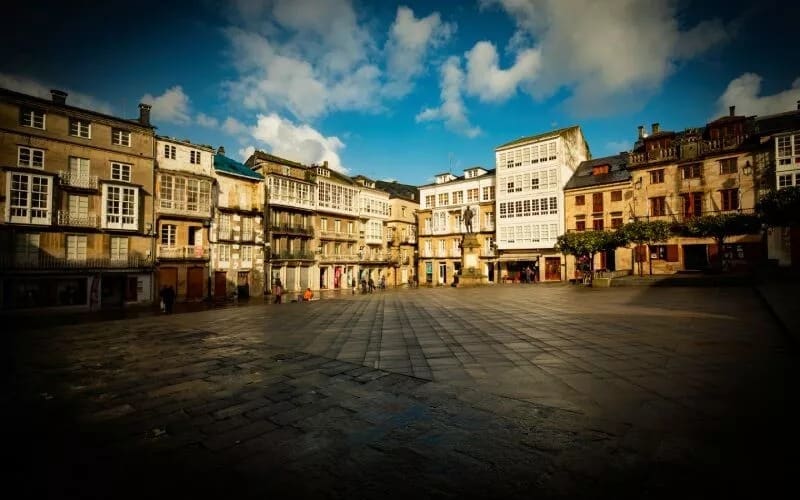 A square with narrow stone houses