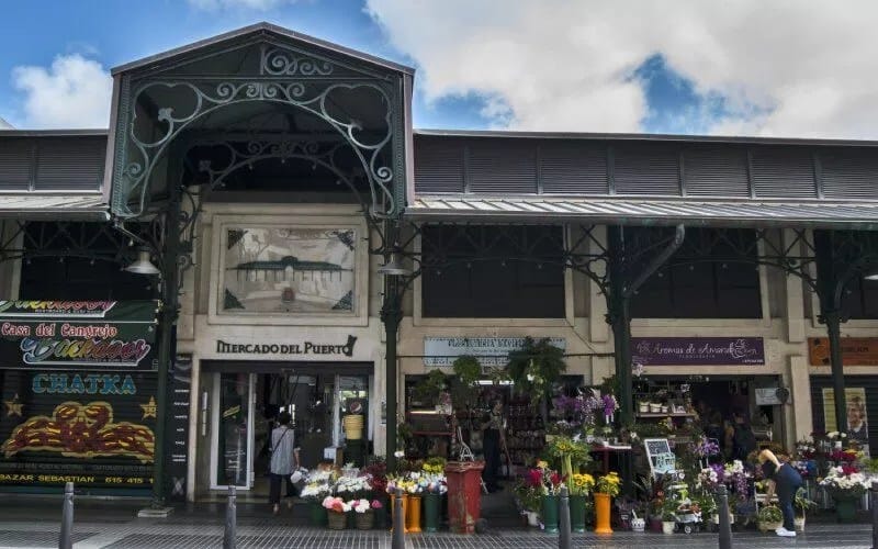A marketplace, with flower stands