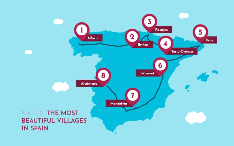 A blue map of Spain with eight red marks