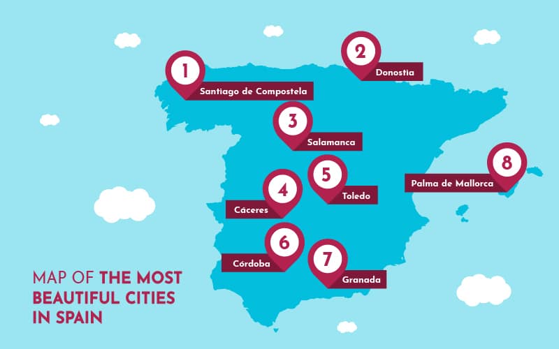 A blue map of Spain with some red dots marking cities