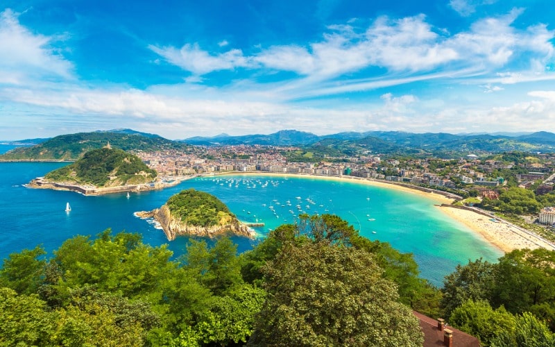 Panoramic view of the bay with a beach and an island in the middle