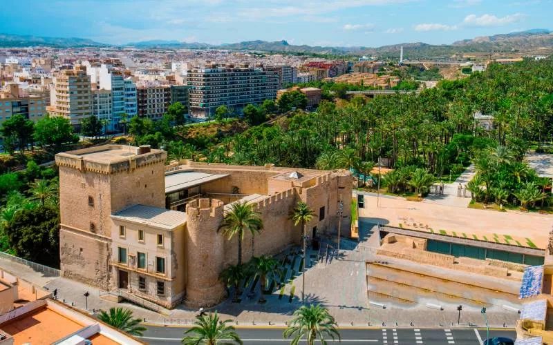 The castle of Elche next to a palm grove