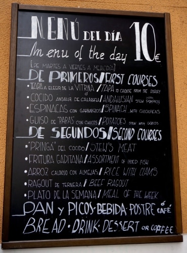 A typical menú del día in Spanish and English