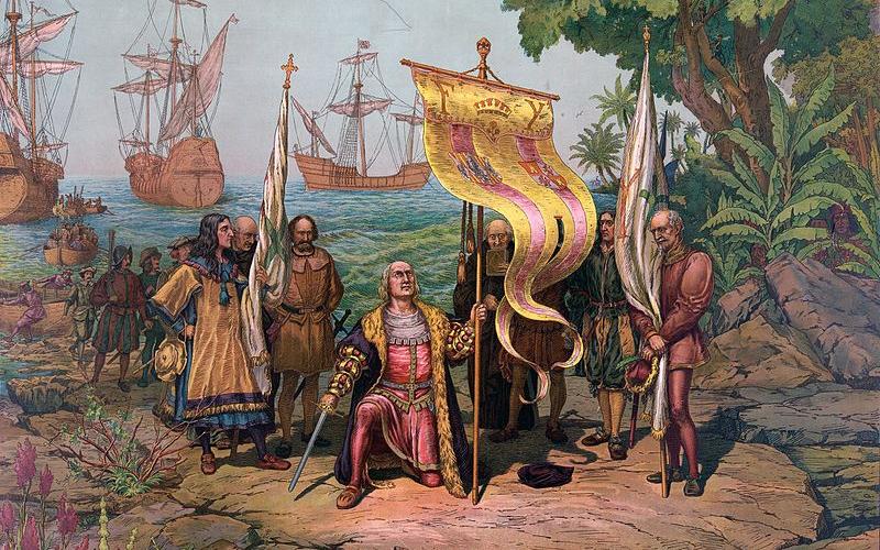 Ilustración de Colón tomando posesión de Guanahani en nombre de los Reyes Católicos el 12 de octubre de 1492.