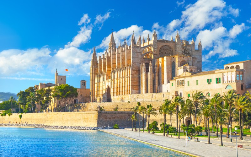 A cathedral in front of the sea with palm trees on the side