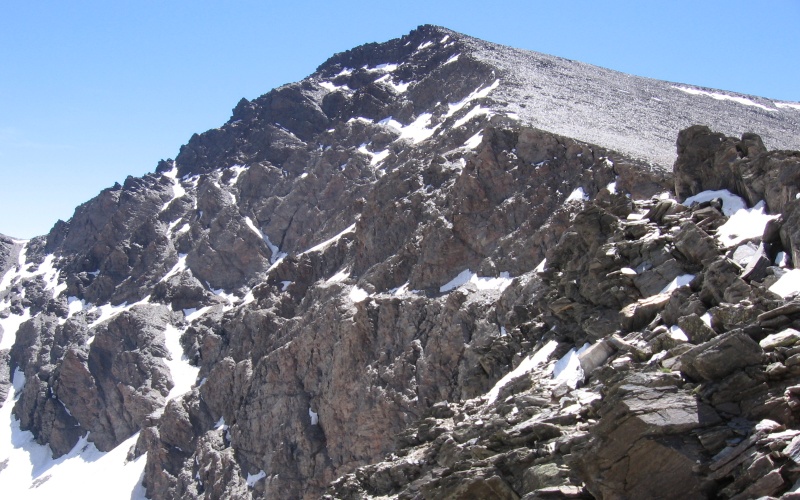 A snowy mountain, one of the highest peaks in Spain