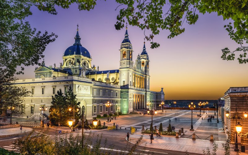 The sun setting over the Almudena Cathedral
