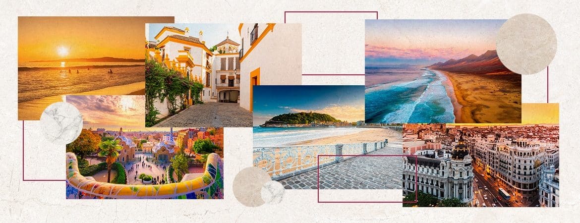 A collage with different destinations in Spain