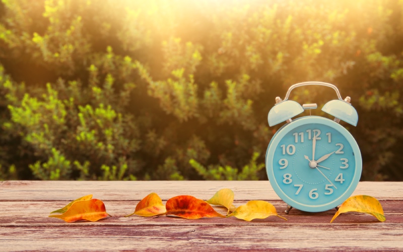 A blue clock on a table with autumn leaves and trees in the background