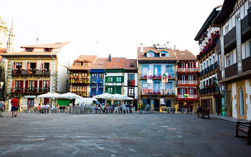 A square with colourful houses in Hondarribia, the Basque Country