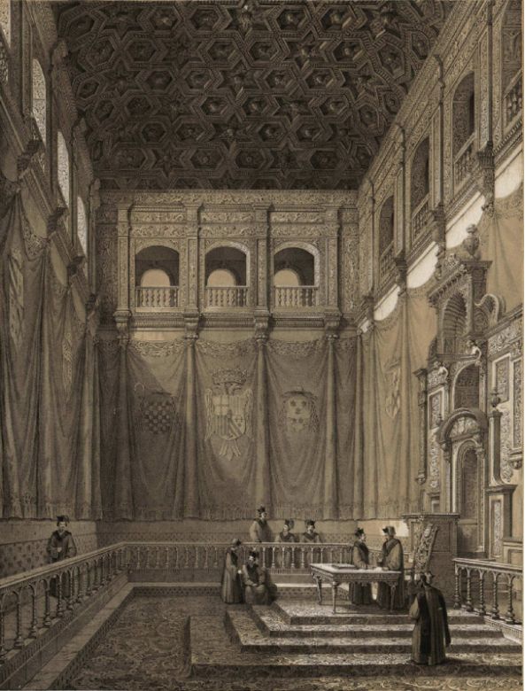 A lithographed drawing depicting the assembly room of the University of Alcalá